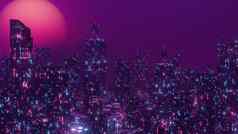 城市插图晚上霓虹灯赛博朋克城市景观横幅背景渲染