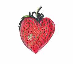 甜蜜的红色的草莓心形状绿色叶子白色背景涂鸦插图