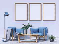 模拟海报帧蓝色的扶手椅室内植物