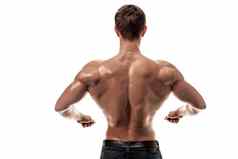 强大的运动男人。健身模型摆姿势回来肌肉肱三头肌白色背景复制空间