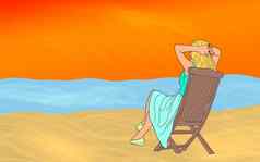 女孩坐着甲板椅子海滩背景
