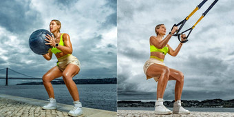 体育拼贴画女人健身穿锻炼重医学球在户外运动女孩适合身体运动服装摆姿势天空背景