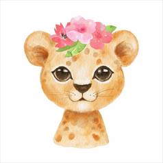 可爱的肖像猎豹头花卡通风格画非洲婴儿野生猫脸孤立的白色背景水彩甜蜜的豹孩子们海报卡丛林动物