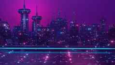 科学小说霓虹灯城市晚上全景黑暗未来主义的科幻城市基斯蓝色的紫色的霓虹灯灯空空间插图