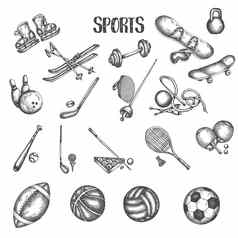 体育古董手画插图体育运动健身涂鸦集草图图标复古的风格设备草图图标复古的风格健身房工具足球足球泰尼斯