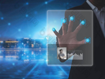 男人。手扫描指纹访问信息报告技术conpect商人手扫描指纹全息图屏幕检查公司男人的手扫描指纹访问安全系统