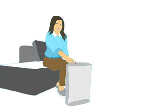 女人坐着沙发空气净化器保湿霜设备健康小气候首页概念插图