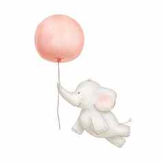 可爱的婴儿大象飞行红色的气球水彩画孤立的白色背景