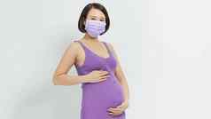 冠状病毒流感大流行年轻的怀孕了女人保护医疗面具持有胃