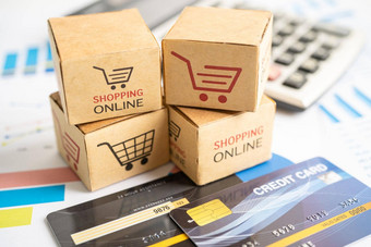 购物在线盒子信贷卡计算器图金融商务进口出口业务概念