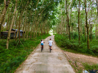 夫妇但女人自行车丛林KOH<strong>姚明</strong>Yai泰国但女人骑自行车与橡胶种植园泰国