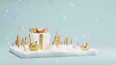 圣诞节一年概念设计礼物盒子圣诞节球松树雪堆冬天渲染