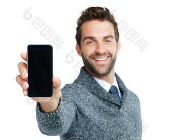 最新的<strong>必备</strong>应用程序工作室肖像英俊的商人显示电话空白屏幕白色背景