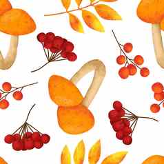 手画无缝的模式秋天秋天蘑菇真菌野生自然背景感恩节森林木林地织物打印橙色红色的黄色的纺织壁纸包装纸