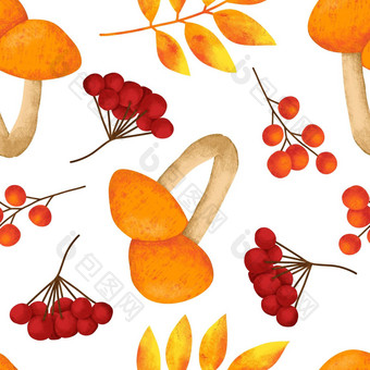 手画无缝的模式秋天秋天蘑菇真菌<strong>野生</strong>自然背景感恩节森林木林地织物打印橙色红色的黄色的纺织壁纸包装纸