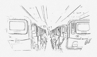 铅笔绘画插图室内飞机乘客座位