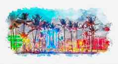 水彩绘画插图海洋开车酒店餐厅日落城市天际线棕榈树晚上艺术德科夜生活南海滩