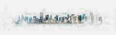 数字水彩绘画迈阿密天际线摩天大楼