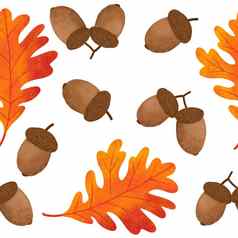 手画无缝的模式秋天秋天叶叶子浆果浆果枫木橡木橡子自然野生森林木林地背景红色的橙色黄色的古董织物打印