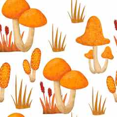 手画无缝的模式秋天秋天蘑菇真菌野生自然背景感恩节森林木林地织物打印橙色红色的黄色的纺织壁纸包装纸