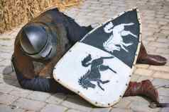 中世纪的骑士完整的身体甲说谎受伤的地面