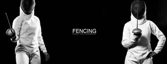 年轻的击<strong>剑</strong>运动员穿击<strong>剑</strong>服装持有重<strong>剑</strong>面具黑色的背景复制空间