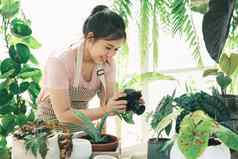 微笑年轻的女人采取智能手机图片植物小商店