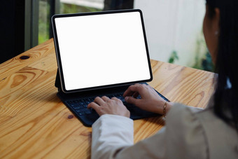 女人平板电脑<strong>空白</strong>白色屏幕<strong>空白</strong>空间白色屏幕写消息的地方图像
