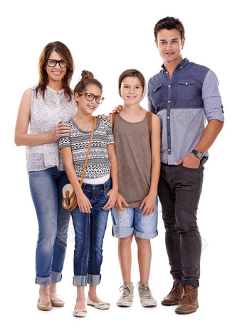 臀部首页工作室拍摄时尚的年轻的家庭白色背景