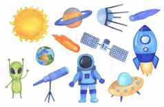 空间插图集手画幼稚的宇宙飞船行星宇航员不明飞行物水彩星系孩子们