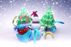 渲染图像圣诞节树设计圣诞节假期雪人糖果丝带礼物盒子
