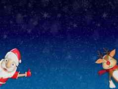 快乐圣诞节快乐一年可爱的驯鹿蓝色的雪背景文本网络横幅