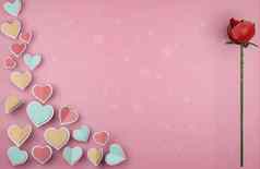 快乐情人节一天卡设计纸减少柔和的心形状飞行粉红色的背景红色的玫瑰插图