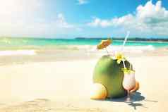 夏天椰子鸡尾酒海滩阳光明媚的一天局部岛