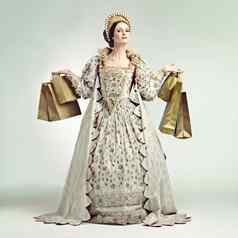皇家购物疯狂华丽的维多利亚时代女王持有包裹