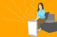 女人坐着沙发空气净化器保湿霜设备健康小气候首页概念插图