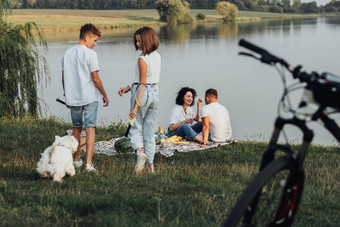 中间岁的男人。女人野餐十几岁的孩子们儿子女儿玩宠物狗快乐成员家庭享受周末在户外湖