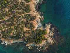 一天无人机视图小岛绿色植被岩石海岸线