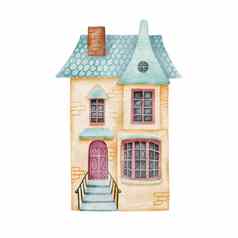 手画水彩蓝色的舒适的小房子可爱的小屋烟囱孤立的白色背景