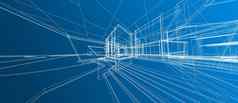体系结构房子空间设计概念的角度来看线框呈现蓝色的背景电脑聪明的技术