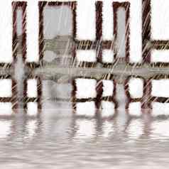 概念水涟漪画金属框架背景有创意的摘要Copyspace金属窗口细节雨秋天湖宁静的棕色（的）灰色反射和平池塘