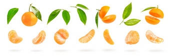大集橘子部分橘子段孤立的白色背景叶子块橘子秋天铸造影子
