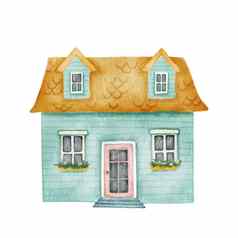 手画水彩蓝色的舒适的小房子可爱的小屋孤立的白色背景