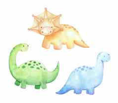 集可爱的婴儿恐龙巴龙三角龙水彩画插图孤立的白色背景