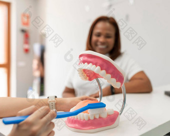 牙医女人解释正确的技术刷牙牙齿