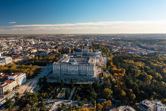 空中视图雄伟的建筑Palacio真正的马德里历史皇家宫城市景观金小时马德里西班牙