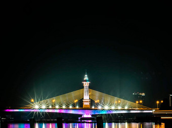 视图晚上风景城市泰国美丽的反射摩天大楼桥梁河畔《暮光之城》城市景观视图桥十字架潮phraya河