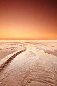 海景景观金日落西海岸日德兰半岛loekken丹麦太阳设置地平线空海滩黄昏海洋海晚上Copyspace