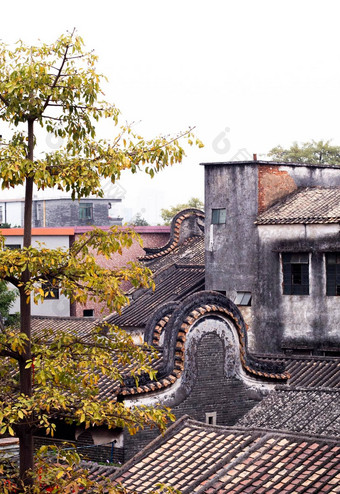 沙湾古老的小镇传统的屋顶被称为锅handle-shaped屋顶广州<strong>岭南风格</strong>弯曲的屋顶小镇传统的体系结构