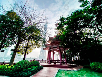 广州塔正式广州天文观光查看前面入口公园传统的中国人展馆体系结构框架